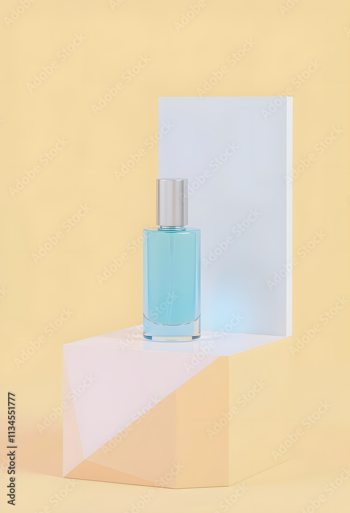Minimal background for beauty product presentation. Cosmetic bottle on geometric surface. 3d render illustration. Clipping path of each element included, low-poly, with white tones
