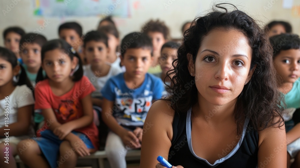 Obraz premium Teacher looking at camera with children in classroom.