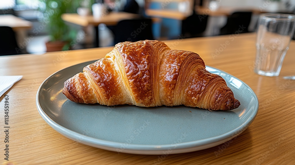 Freshly Baked Croissant on Plate in Cafe Setting, Ideal for Food Blogs and Lifestyle Articles Freshly Baked Croissant on Plate in Cafe Setting, Ideal for Food Blogs and Lifestyle Articles