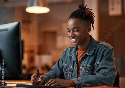 Business sales employee, startup company data analyst, young attractive African American man working with a energetic friendly smile, sitting at desk and computer monitor screen, valued workforce
