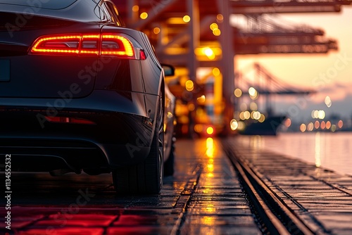 A sleek car parked by a harbor at sunset, illuminated by warm city lights. photo