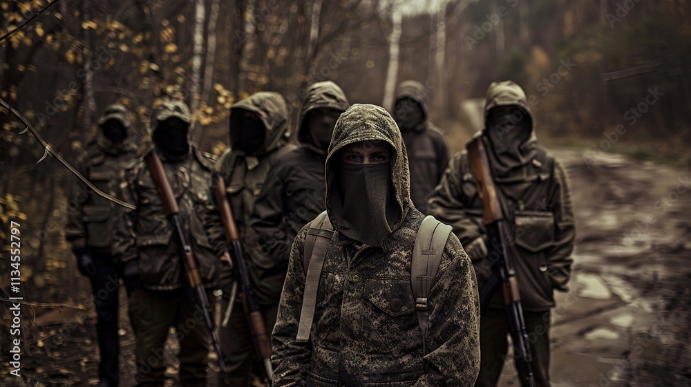 Fototapeta premium Group of masked individuals in camouflage clothing standing in rugged terrain with weapons, symbolizing resistance and rebellion, strong determined expressions.