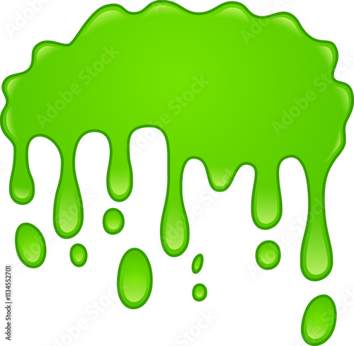 Viscous bright green goo is slowly dripping down, forming a playful array of irregular blobs and drops, creating a sticky, vibrant visual that captures attention and sparks imagination