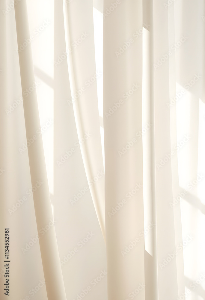 Obraz premium Flowing white cream curtain with smooth, silky fabric in soft, beautiful light. Creates a luxurious, elegant backdrop for showcasing beauty, cosmetic, skincare, body care, and fashion products, Side