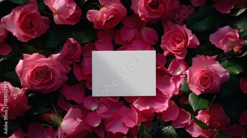 Blank Card Amidst a Bed of Pink Roses