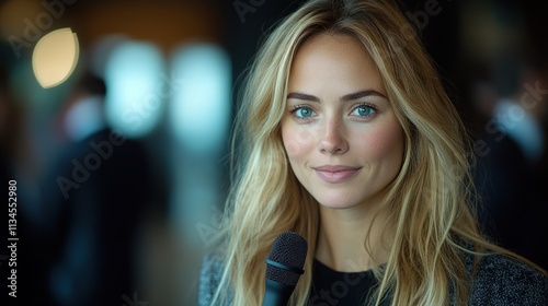 A woman with long hair holds a microphone, smiling at an event.