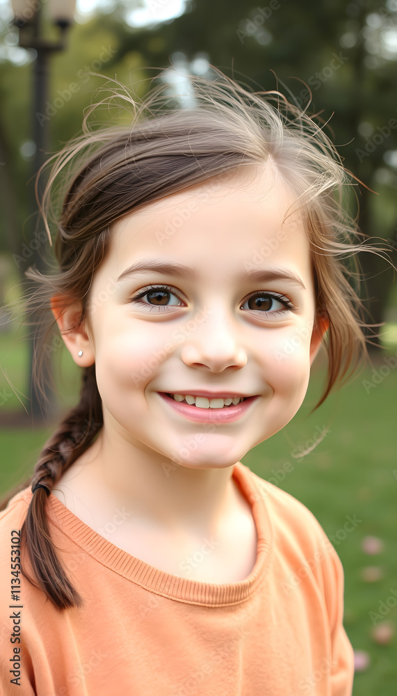 Portrait of pretty young girl smiling outdoors in the park, flat design, with white tones Portrait of pretty young girl smiling outdoors in the park, flat design, with white tones