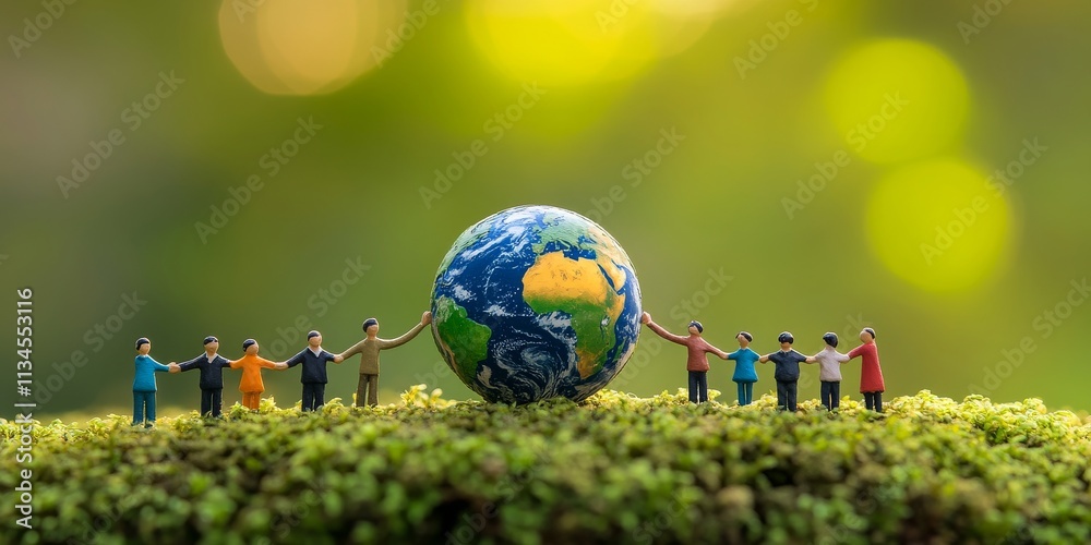 Naklejka premium Miniature people holding hands around an Earth globe on mossy ground