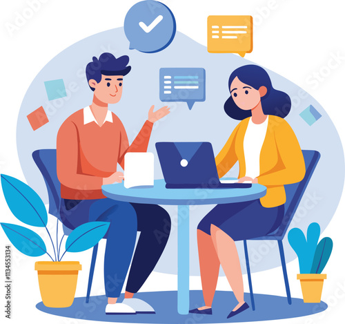 Partners meeting for business discussion with documents and laptop on desk. Couple at round table, speaking, discussing work, partnership. Flat vector on a white background