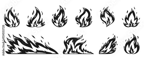 Fire flames with sparks big set. Black fireball, heat wildfire, fiery bonfire, blaze campfire, ignition elements on white background. Natural gas flaming symbols. Energy and power signs for stamp