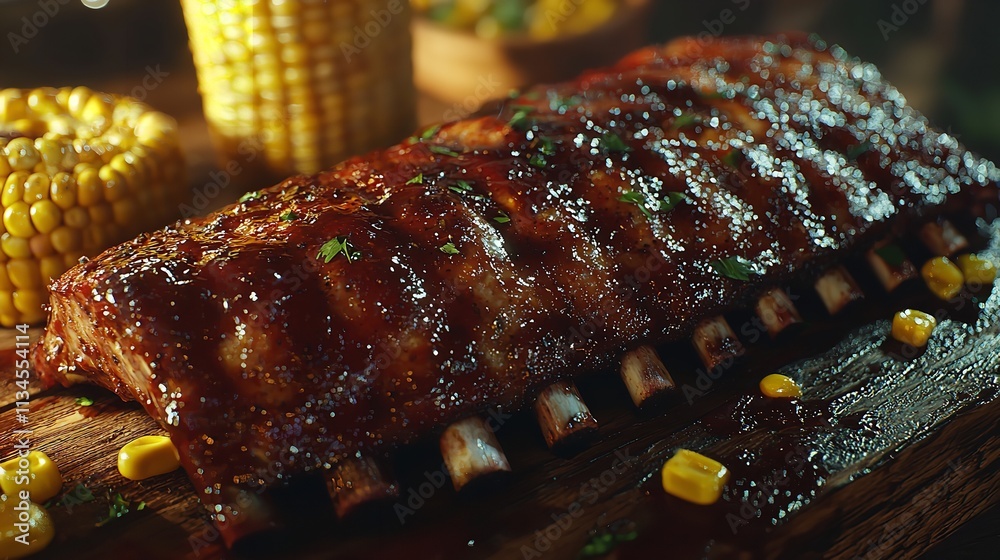Close-Up of BBQ Ribs with Corn and a Side of Coleslaw Close-Up of BBQ Ribs with Corn and a Side of Coleslaw