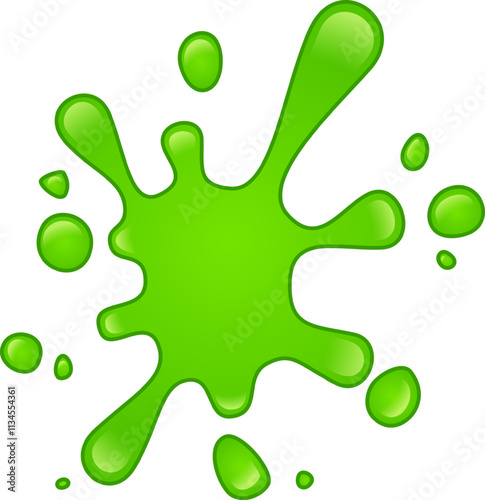 Vibrant green paint is splashing dynamically against a clean white backdrop, creating an energetic and eye catching visual effect with its glossy texture and fluid shape