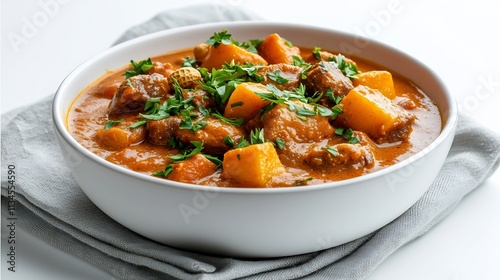 Vibrant Massaman Curry Dish Served in Modern White Bowl on Clean Background