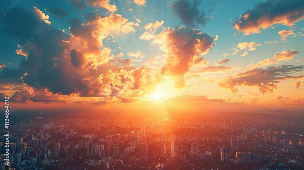 Fototapeta premium A breathtaking sunset over a city skyline, illuminating clouds and buildings in warm hues.