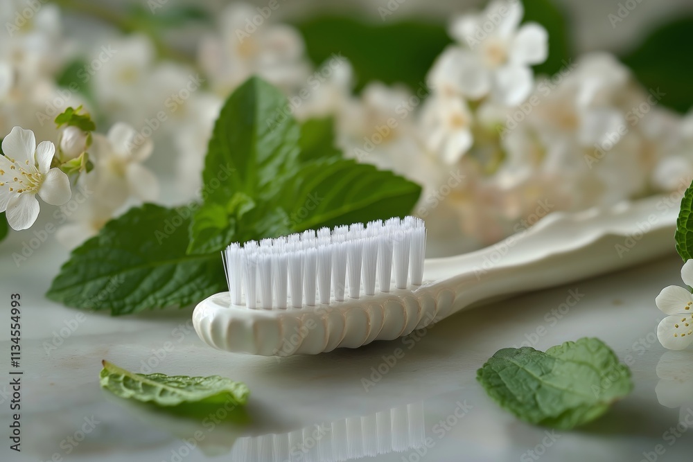 Fresh mint and elegant blossoms surround a clean white toothbrush Fresh mint and elegant blossoms surround a clean white toothbrush