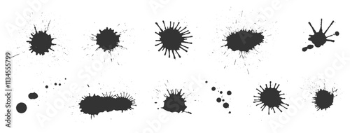 Black ink splashes set. Various shapes of round spots, sharp bursts, irregular blots sprays drips. Textured edges with scattered dots uneven lines. Bold splatters, chaotic marks rough dynamic strokes