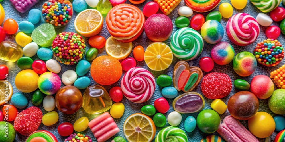 Fototapeta premium Colorful candies of various shapes and sizes arranged neatly on a shiny surface , sweets, bright, vibrant, rainbow