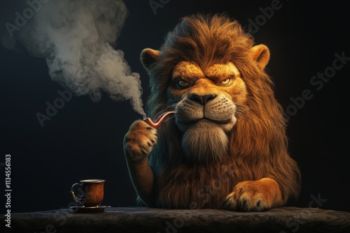 Animal with grumpy face, holding smoking pipe, depicting the state of staying up late, photo realistic photo