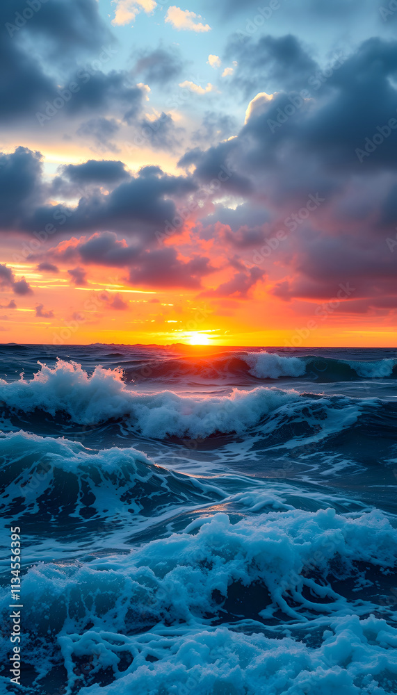 A turbulent ocean with sunset colors clashing against cool blue waves, creating a dramatic, dreamlike atmosphere of natural chaos and beauty, magazine photoshoot, with white tones A turbulent ocean with sunset colors clashing against cool blue waves, creating a dramatic, dreamlike atmosphere of natural chaos and beauty, magazine photoshoot, with white tones