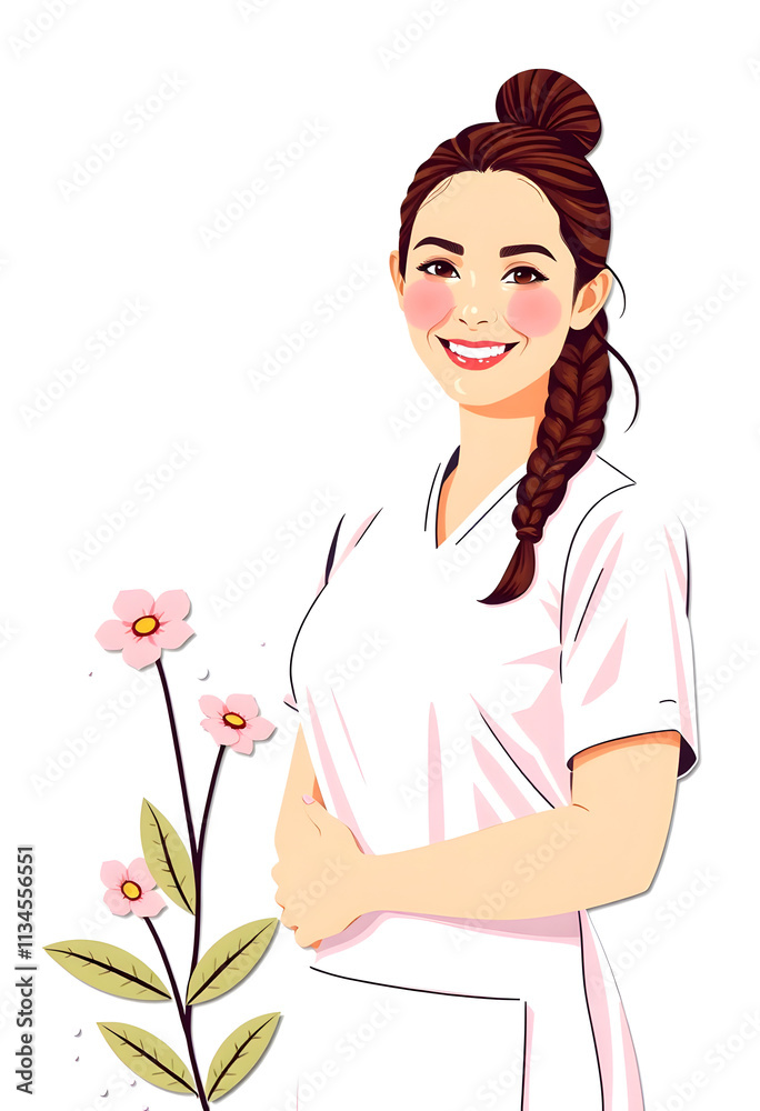 Smiling beauty therapist standing beside massage towel, flat papercut style, with white tones Smiling beauty therapist standing beside massage towel, flat papercut style, with white tones