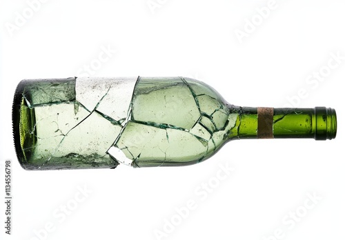 Broken Green Glass Bottle Isolated on White Background