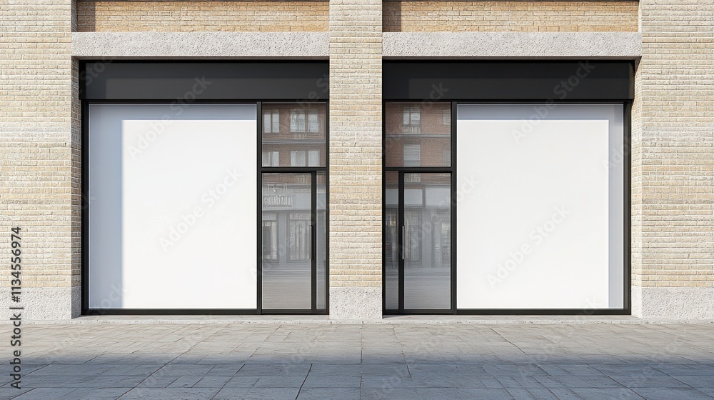 Two empty storefront windows in a brick building.