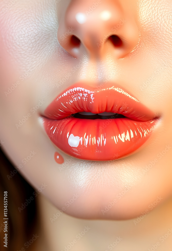 Obraz premium healthy human lips with peach glossy and shiny lipstick , Skincare and beauty and a cosmetic concept, with white tones