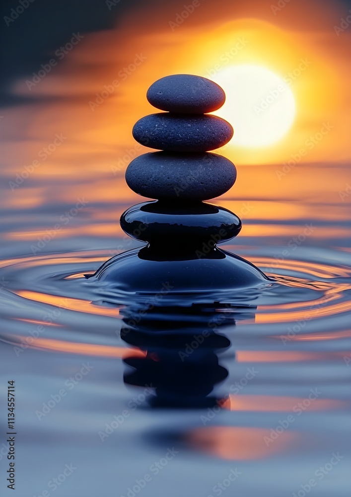 Pebble stacks in sunset waters reflecting a Japanese Zen concept Pebble stacks in sunset waters reflecting a Japanese Zen concept