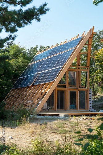 Eco Friendly Wooden Home with Solar Panels in Lush Natural Setting