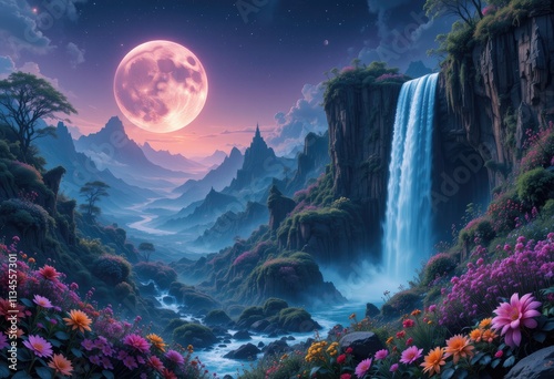 A breathtaking panorama of a majestic mountain range bathed in the soft glow of the moon, with a cascading waterfall, a serene river, and a dense forest shrouded in mist
