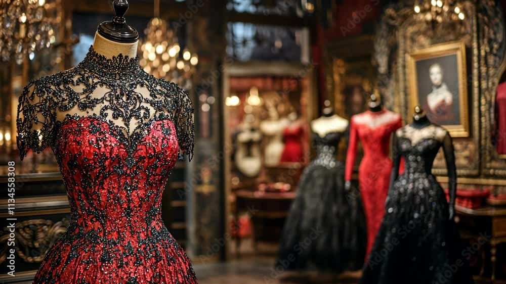 Elegant evening dresses on display in a lavish boutique showcasing intricate designs and rich colors