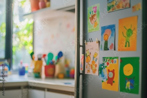 Child's art displayed on refrigerator with ribbon, kitchen ambient lighting, proud display, with copy space