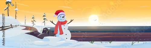 Street view with river and snowman