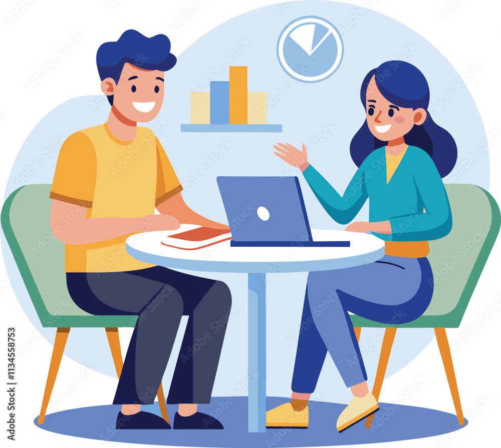 Partners meeting for business discussion with documents and laptop on desk. Couple at round table, speaking, discussing work, partnership. Flat vector on a white background Partners meeting for business discussion with documents and laptop on desk. Couple at round table, speaking, discussing work, partnership. Flat vector on a white background