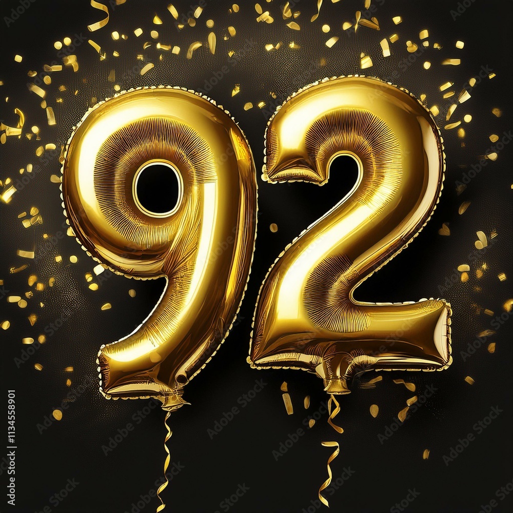 Gold birthday / anniversary balloon, number 92, black background with confetti Gold birthday / anniversary balloon, number 92, black background with confetti