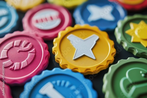 Collection of earned fitness achievement badges, soft box lighting, badge detail, with copy space