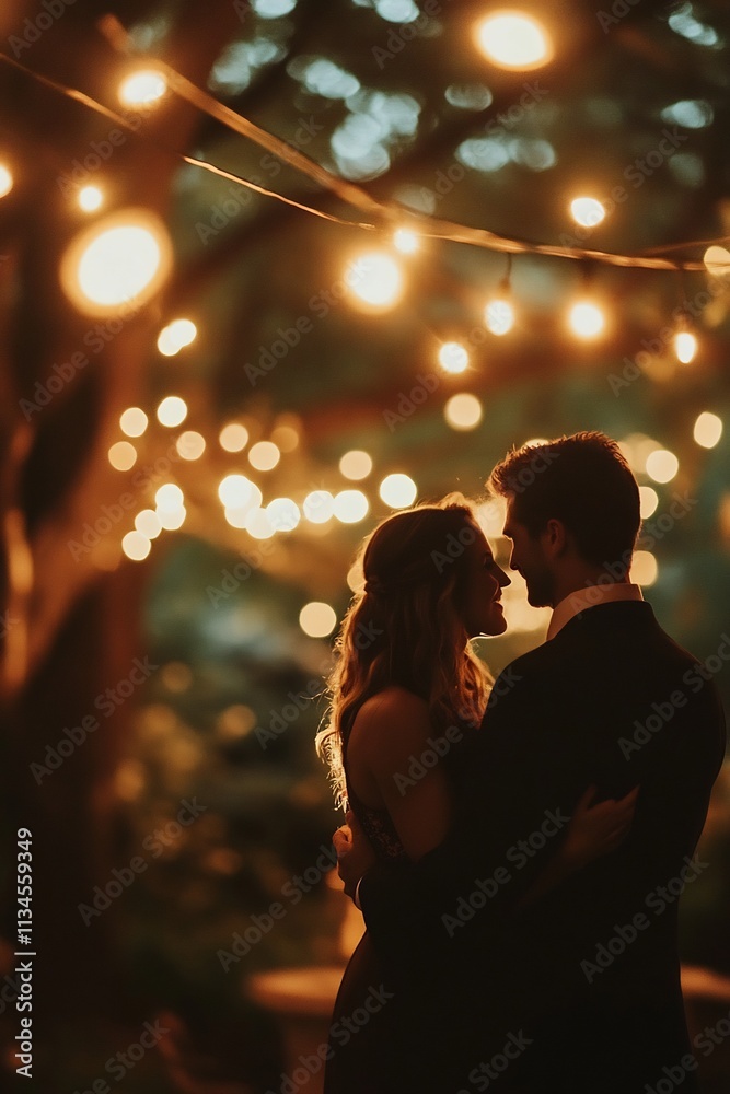 Dreamy Couple Dancing Under Glowing String Lights at Outdoor Evening Event Dreamy Couple Dancing Under Glowing String Lights at Outdoor Evening Event