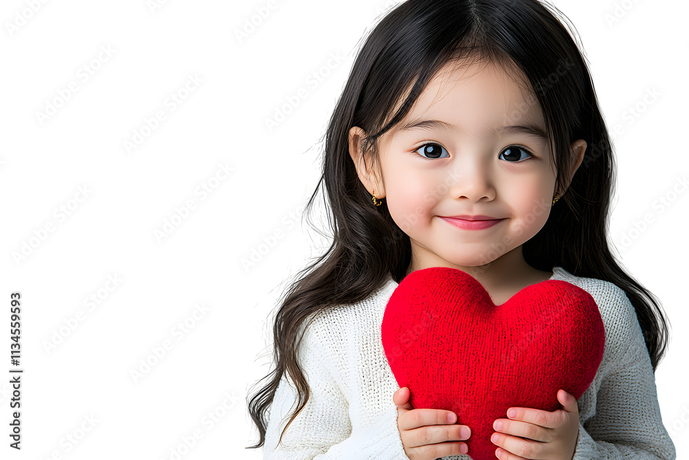 Adorable young girl with long black hair and charming smile holding a bright red heart-shaped pillow, perfect for themes of love, affection, and childhood innocence Adorable young girl with long black hair and charming smile holding a bright red heart-shaped pillow, perfect for themes of love, affection, and childhood innocence