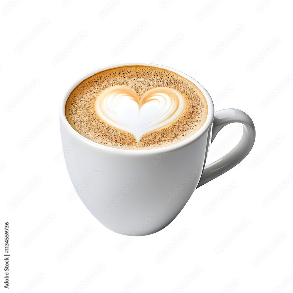 Freshly Brewed Coffee Latte with Heart Shaped Foam Design in a White Ceramic Cup on a Clean Background Perfect for Cozy Mornings or Relaxing Moments