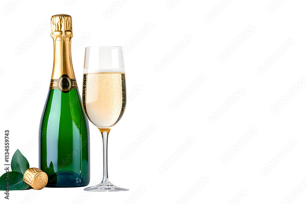 Elegant Champagne Bottle and Glass on Plain Background, Celebratory Drink for Special Occasions, Festive Toasting, and Luxurious Moments Captured in High-Quality Imagery