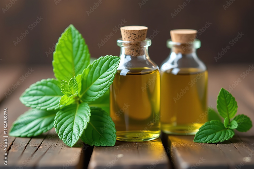 fresh mint plants sit beside natural oil old wooden table containing herbal medicine fresh mint plants sit beside natural oil old wooden table containing herbal medicine