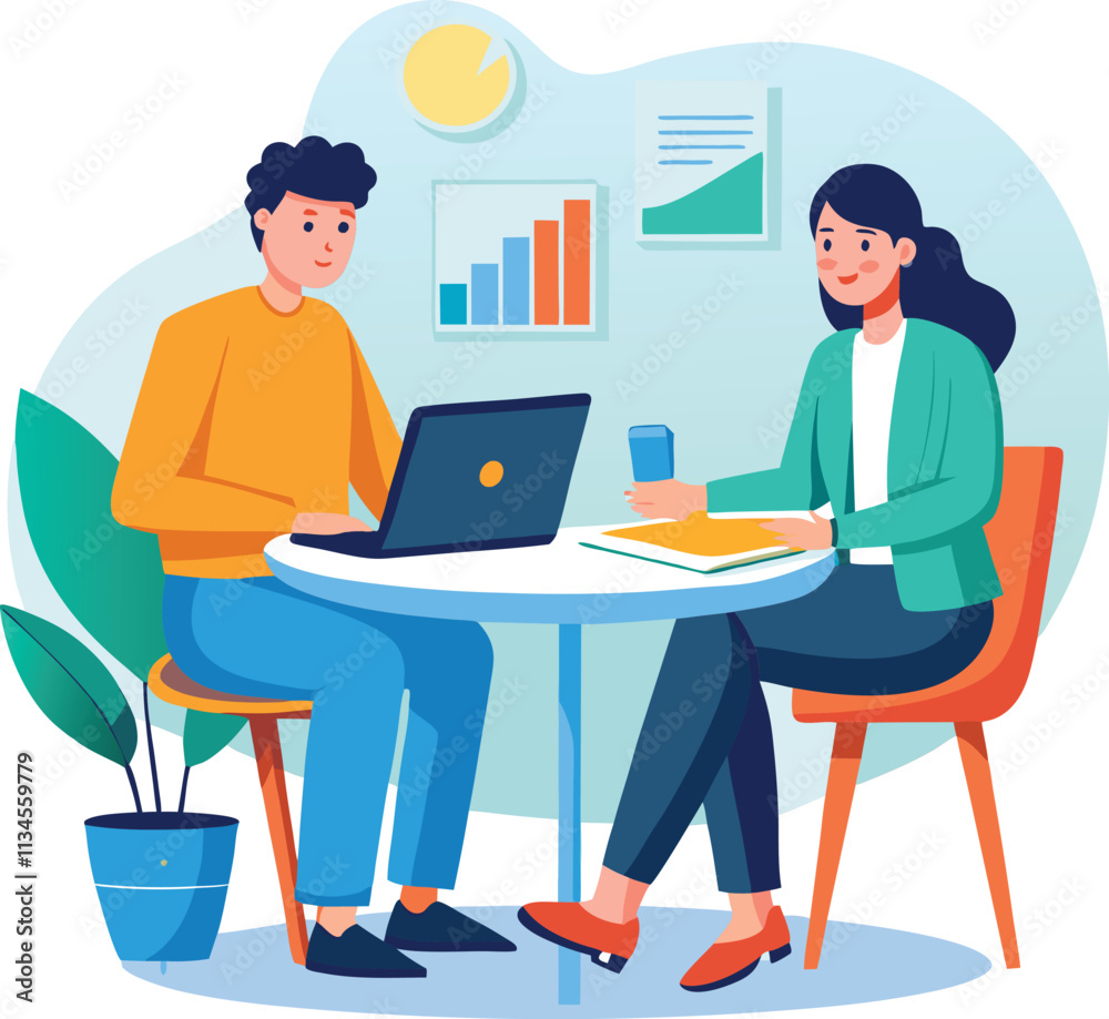 Partners meeting for business discussion with documents and laptop on desk. Couple at round table, speaking, discussing work, partnership. Flat vector on a white background Partners meeting for business discussion with documents and laptop on desk. Couple at round table, speaking, discussing work, partnership. Flat vector on a white background