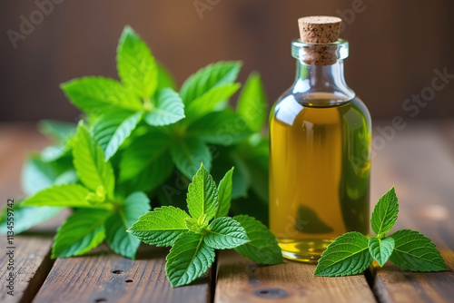 fresh mint plants sit beside natural oil old wooden table containing herbal medicine