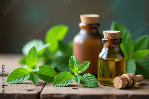 fresh mint plants sit beside natural oil old wooden table containing herbal medicine