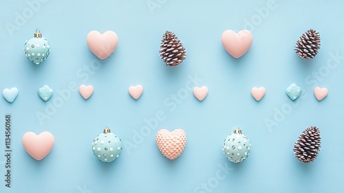 Colorful Christmas Decorations on Blue Background with Hearts and Pinecones