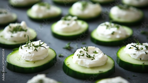 Light Nordic snack: cucumber slices topped with cream cheese and a sprinkle of herbs