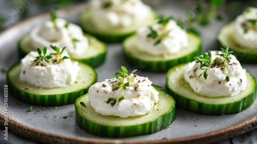Light Nordic snack: cucumber slices topped with cream cheese and a sprinkle of herbs