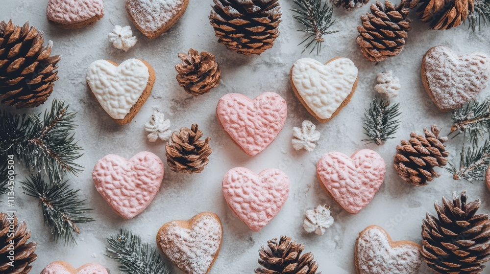 Heart-Shaped Cookies Surrounded by Pine Cones and Winter Foliage Heart-Shaped Cookies Surrounded by Pine Cones and Winter Foliage