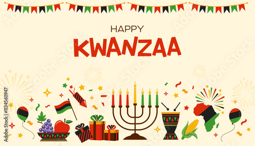Kwanzaa celebration poster, vector, frame border, background with holiday african symbols for Happy Kwanzaa, decoration, Kwanzaa posters, cards, banner, 
seven candles, kinara holder, icons & cliparts