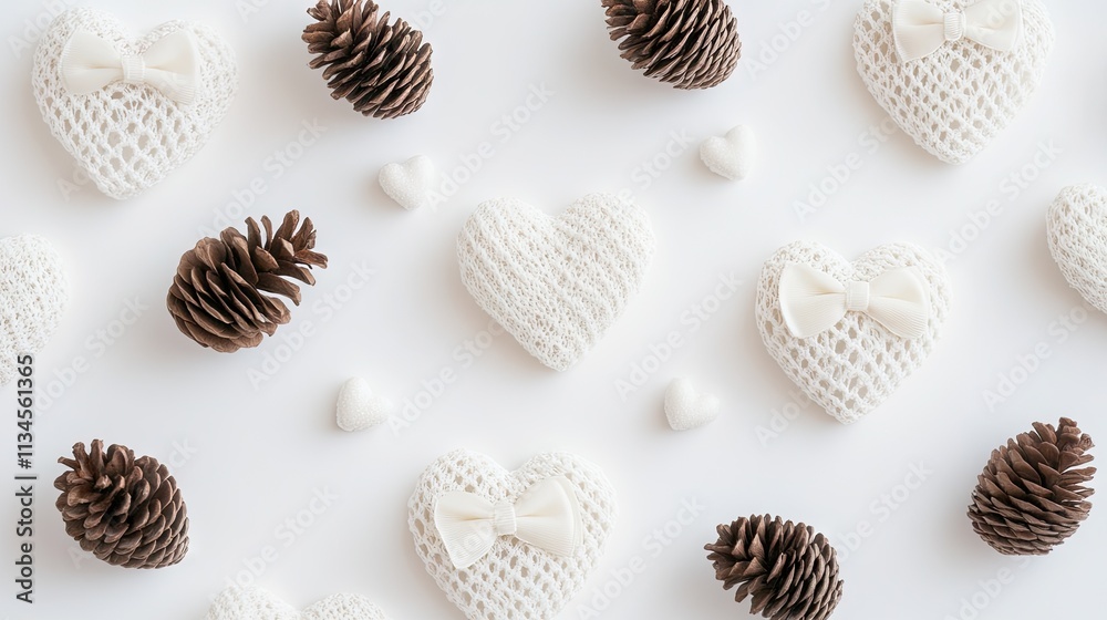 White Heart Decorations and Pine Cones on a Light Background White Heart Decorations and Pine Cones on a Light Background